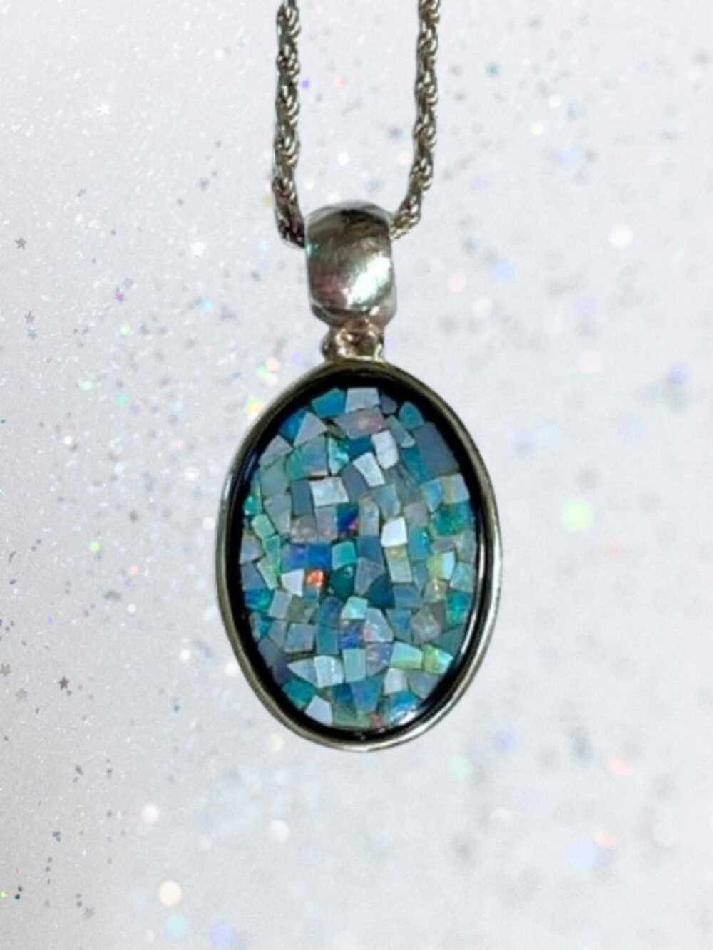 1980s Vintage Mosaic Opal Pendant with Silver 22" Chain by Karizia Italy